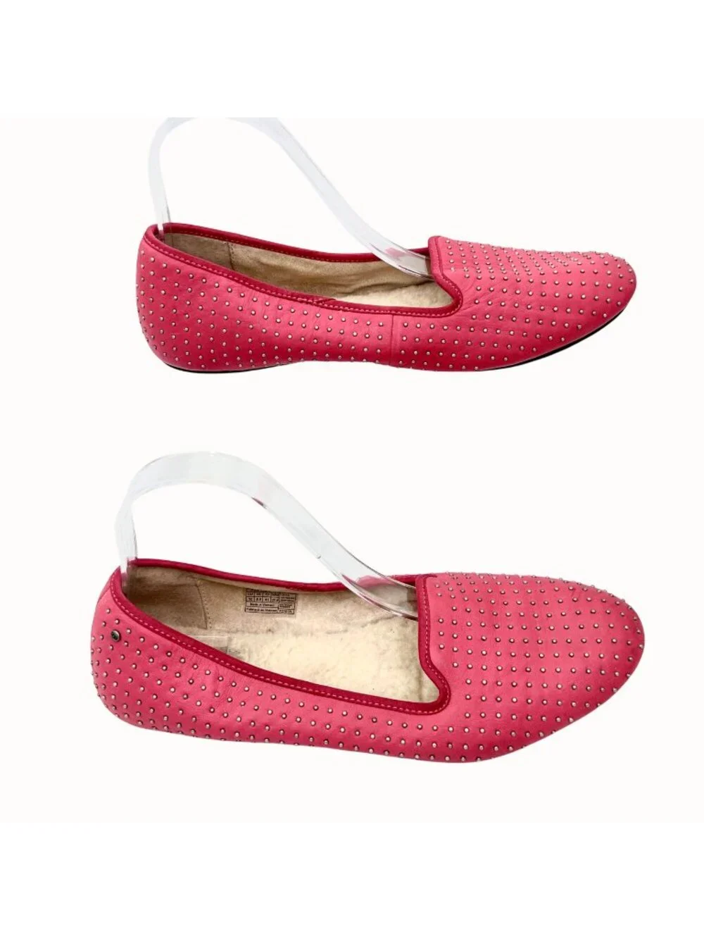 UGG ALLOWAY PINK LEATHER SILVER STUDDED SHEARLING FLATS - 10